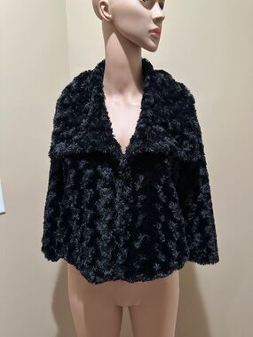 Women's Black Faux Fur Open-Front Teddy Jacket